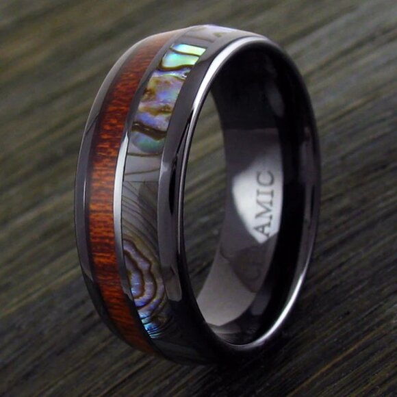 ULTRA-COOL GUNMETAL BLACK CERAMIC RING WITH SUBLIME ABALONE AND WOOD INLAYS.